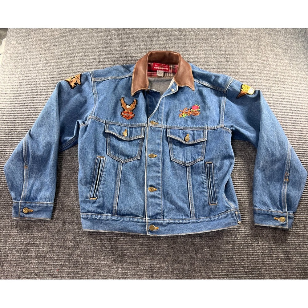 Vintage Marlboro Country Harley-Davidson Denim Jacket Mens M Leather Collar